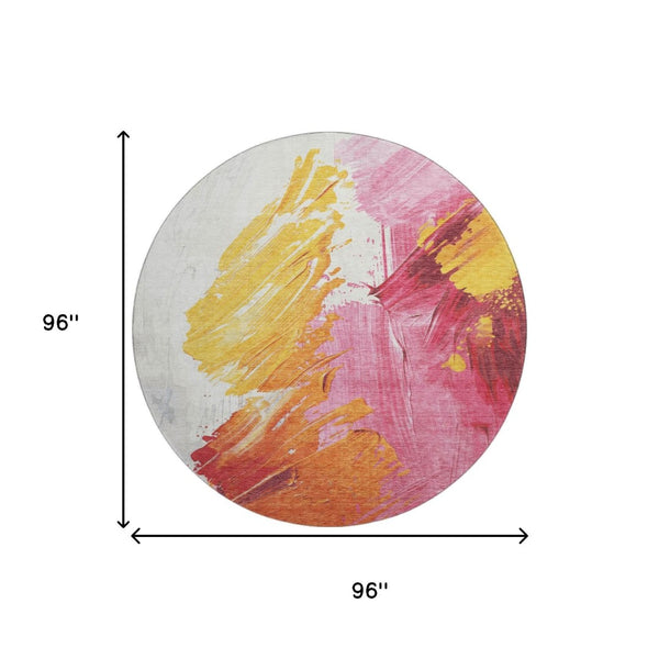 HomeRoots 8' Blush Yellow & Ivory Abstract Washable Round Rug - Durable, UV Protected, Perfect for Busy Homes! 705494