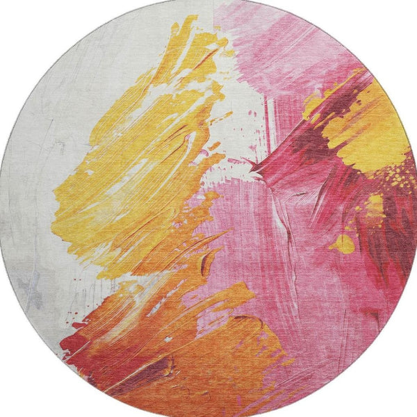 HomeRoots 8' Blush Yellow & Ivory Abstract Washable Round Rug - Durable, UV Protected, Perfect for Busy Homes! 705494