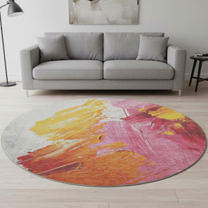 HomeRoots 8' Blush Yellow & Ivory Abstract Washable Round Rug - Durable, UV Protected, Perfect for Busy Homes! 705494
