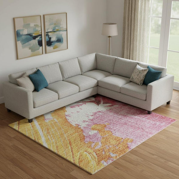 HomeRoots 9' X 12' Modern Blush Yellow & Ivory Abstract Area Rug – Washable, UV Protected & Pet-Friendly Design! 705496