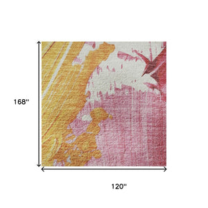 HomeRoots 10' X 14' Blush Yellow and Ivory Abstract Area Rug - Washable, UV Protected, Durable for Active Homes 705497