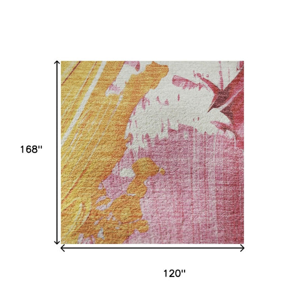 HomeRoots 10' X 14' Blush Yellow and Ivory Abstract Area Rug - Washable, UV Protected, Durable for Active Homes 705497
