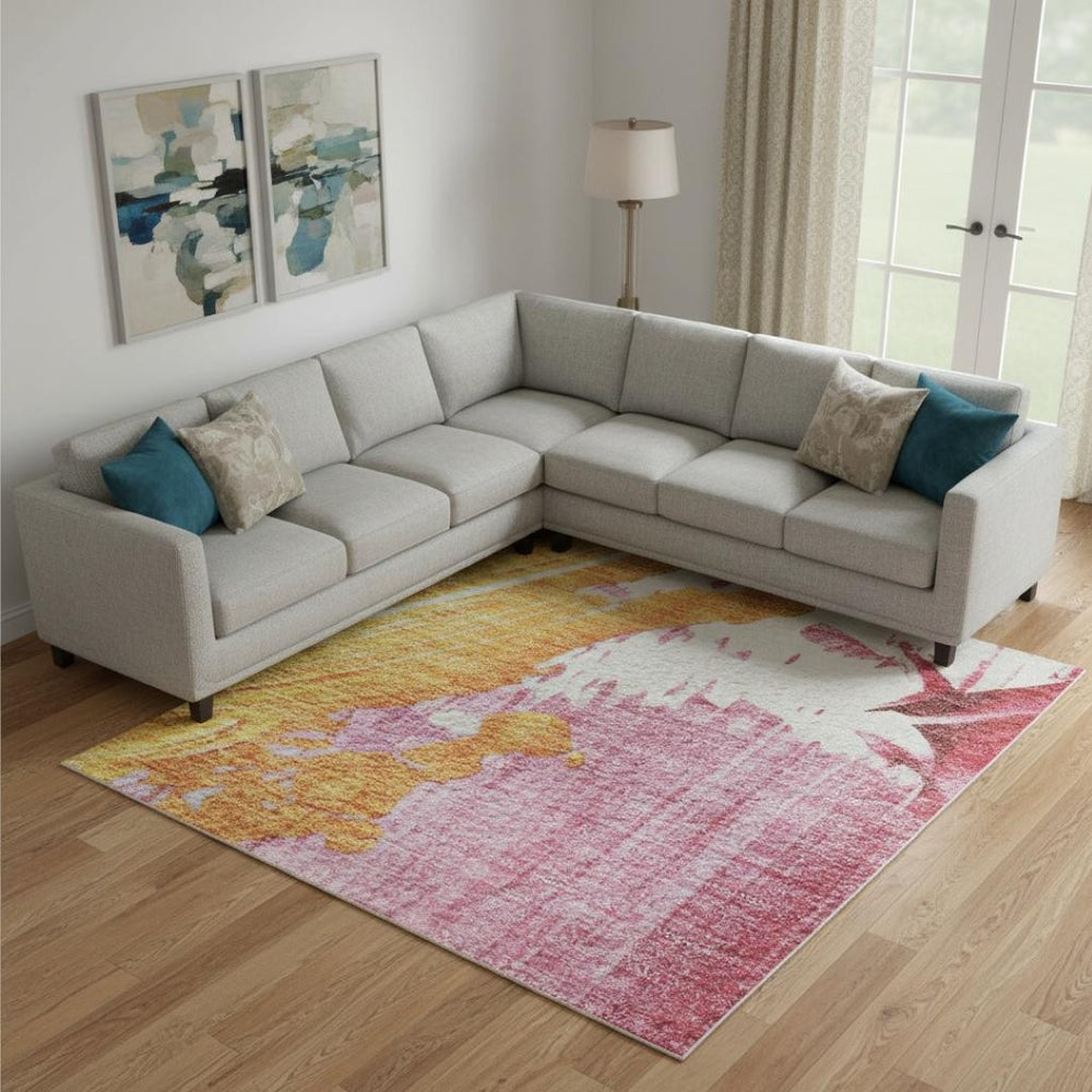 HomeRoots 10' X 14' Blush Yellow and Ivory Abstract Area Rug - Washable, UV Protected, Durable for Active Homes 705497