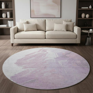 HomeRoots 8' Lavender and Ivory Abstract Round Rug - Stylish, Washable, UV-Protected, Kid & Pet Friendly! 705500