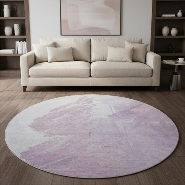 HomeRoots 8' Lavender and Ivory Abstract Round Rug - Stylish, Washable, UV-Protected, Kid & Pet Friendly! 705500