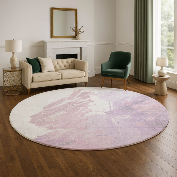 HomeRoots 8' Lavender and Ivory Abstract Round Rug - Stylish, Washable, UV-Protected, Kid & Pet Friendly! 705500