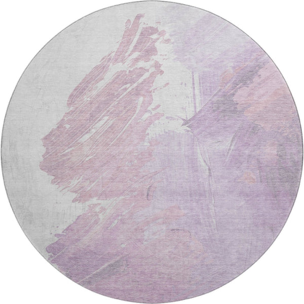 HomeRoots 8' Lavender and Ivory Abstract Round Rug - Stylish, Washable, UV-Protected, Kid & Pet Friendly! 705500