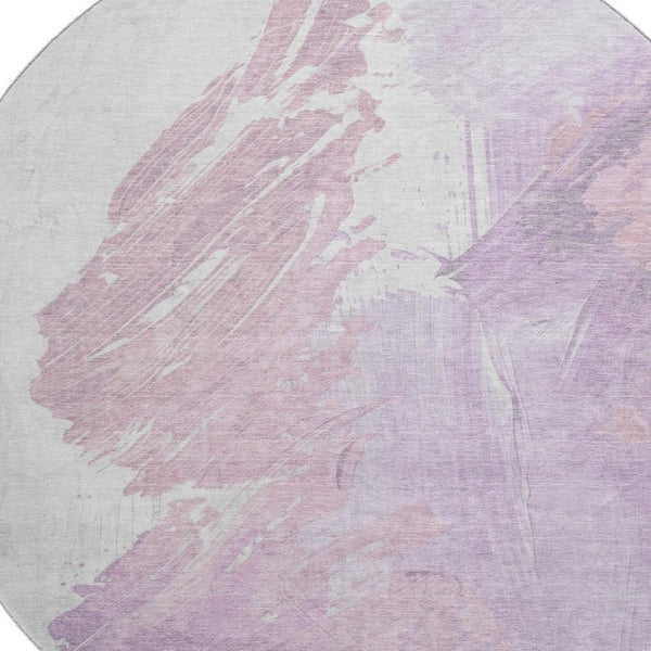 HomeRoots 8' Lavender and Ivory Abstract Round Rug - Stylish, Washable, UV-Protected, Kid & Pet Friendly! 705500
