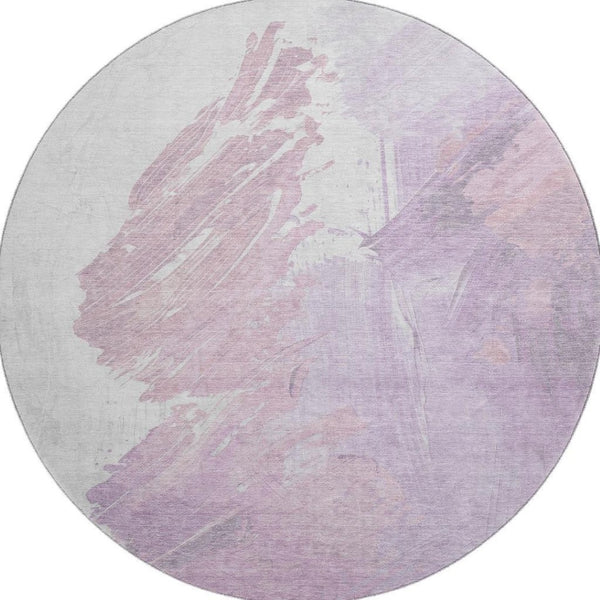 HomeRoots 8' Lavender and Ivory Abstract Round Rug - Stylish, Washable, UV-Protected, Kid & Pet Friendly! 705500