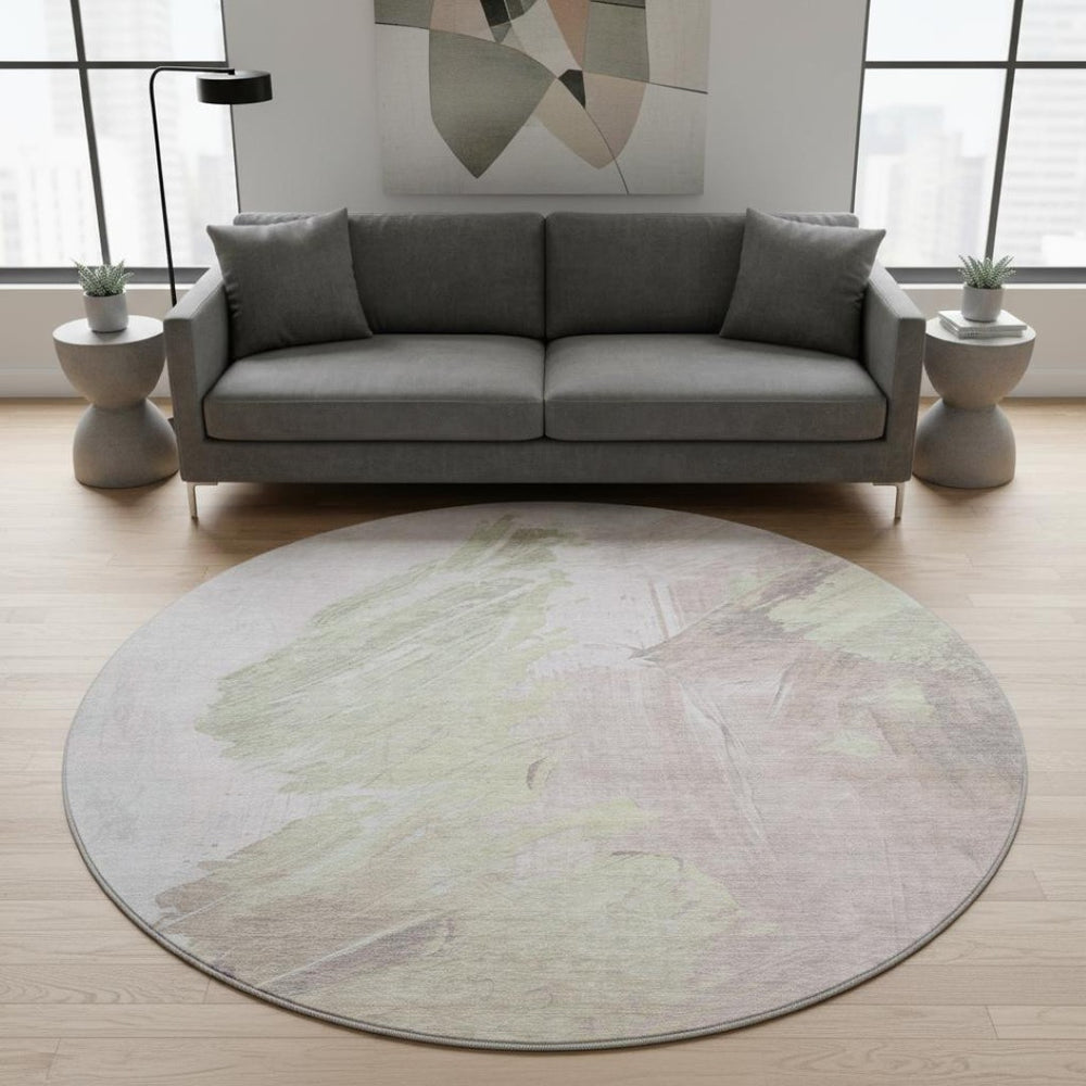 HomeRoots 8' Pink and Ivory Abstract Washable Round Rug - Durable, UV-Protected, Modern Design for Any Space! 705506