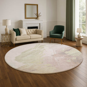 HomeRoots 8' Pink and Ivory Abstract Washable Round Rug - Durable, UV-Protected, Modern Design for Any Space! 705506
