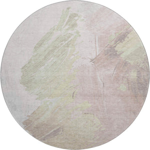 HomeRoots 8' Pink and Ivory Abstract Washable Round Rug - Durable, UV-Protected, Modern Design for Any Space! 705506