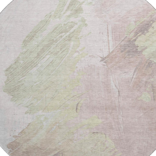 HomeRoots 8' Pink and Ivory Abstract Washable Round Rug - Durable, UV-Protected, Modern Design for Any Space! 705506