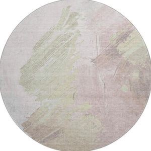HomeRoots 8' Pink and Ivory Abstract Washable Round Rug - Durable, UV-Protected, Modern Design for Any Space! 705506