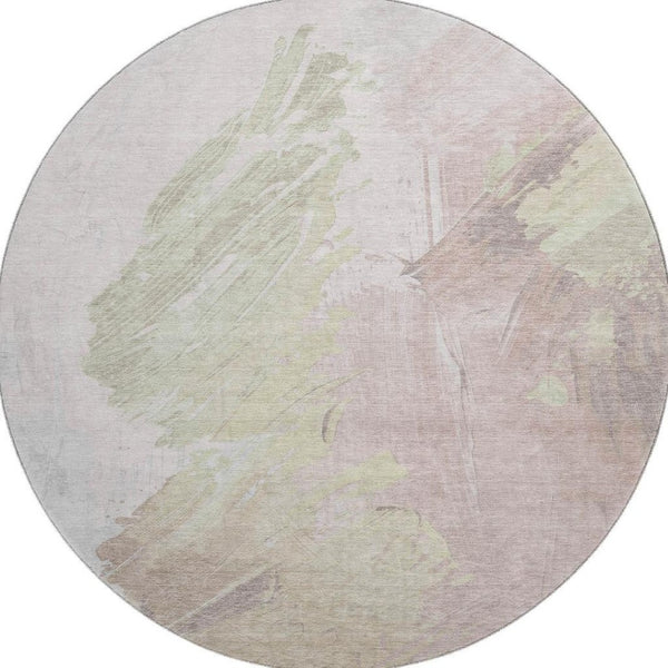 HomeRoots 8' Pink and Ivory Abstract Washable Round Rug - Durable, UV-Protected, Modern Design for Any Space! 705506