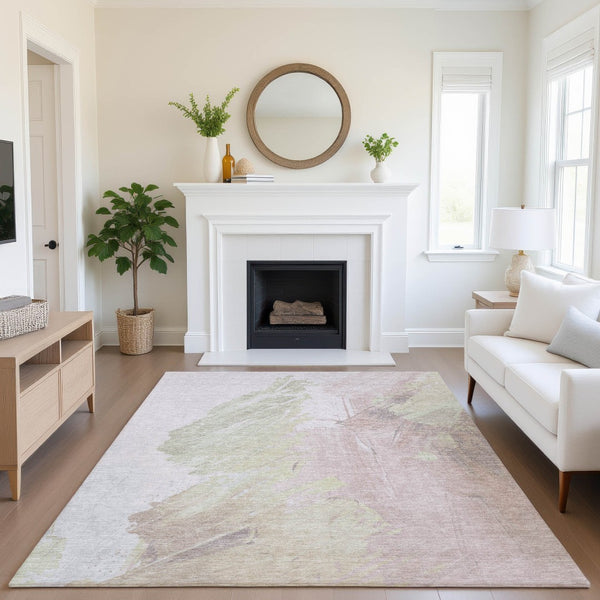 HomeRoots 8' X 10' Pink And Ivory Abstract Area Rug - Washable, UV-Protected, Modern Design for Family Spaces 705507