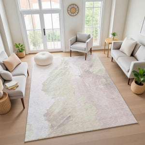 HomeRoots 8' X 10' Pink And Ivory Abstract Area Rug - Washable, UV-Protected, Modern Design for Family Spaces 705507
