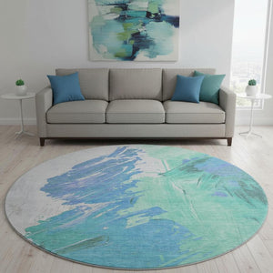 HomeRoots 8' Pale Aqua Blue and Ivory Abstract Round Rug – Durable, Washable, UV-Protected, Pet-Friendly Decor 705512