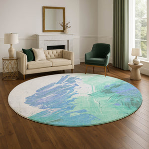 HomeRoots 8' Pale Aqua Blue and Ivory Abstract Round Rug – Durable, Washable, UV-Protected, Pet-Friendly Decor 705512