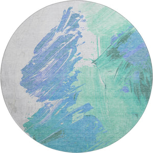 HomeRoots 8' Pale Aqua Blue and Ivory Abstract Round Rug – Durable, Washable, UV-Protected, Pet-Friendly Decor 705512