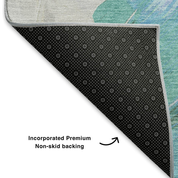 HomeRoots 8' Pale Aqua Blue and Ivory Abstract Round Rug – Durable, Washable, UV-Protected, Pet-Friendly Decor 705512