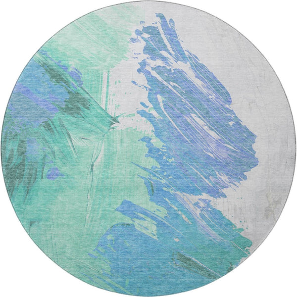 HomeRoots 8' Pale Aqua Blue and Ivory Abstract Round Rug – Durable, Washable, UV-Protected, Pet-Friendly Decor 705512