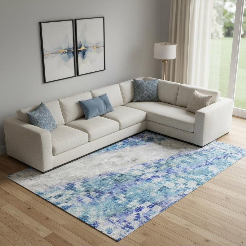 HomeRoots 9' X 12' Stylish Pale Aqua Blue Abstract Washable Area Rug with UV Protection for High-Traffic Spaces 705514
