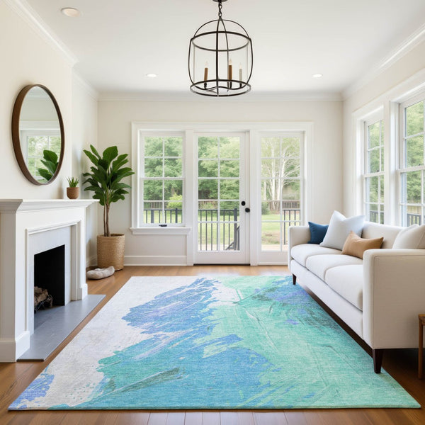 HomeRoots 9' X 12' Stylish Pale Aqua Blue Abstract Washable Area Rug with UV Protection for High-Traffic Spaces 705514