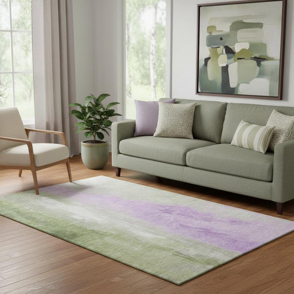 HomeRoots 5' X 8' Artichoke Green & Lavender Washable Area Rug - Stylish, Durable, UV-Protected for Everyday Use 705517