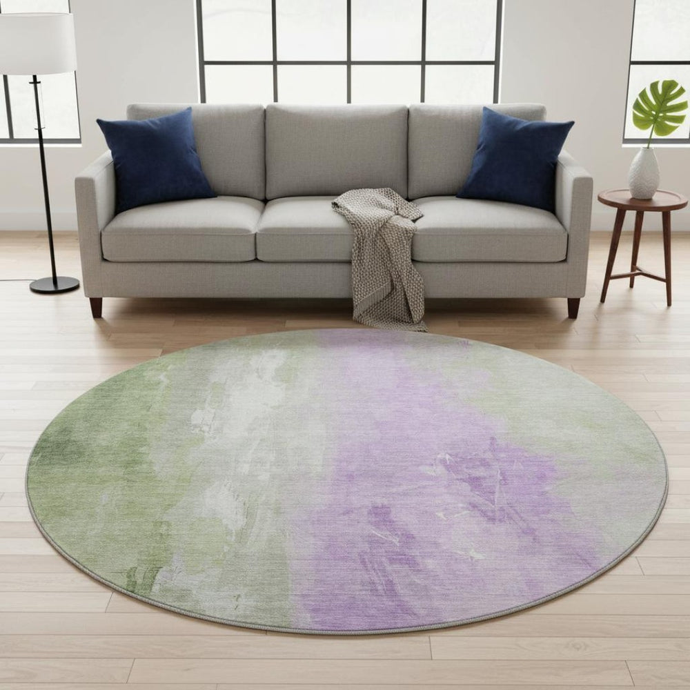 HomeRoots 8' Stylish Artichoke Green & Lavender Abstract Washable Round Rug with UV Protection & Durability 705518