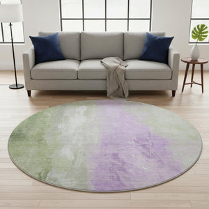 HomeRoots 8' Stylish Artichoke Green & Lavender Abstract Washable Round Rug with UV Protection & Durability 705518