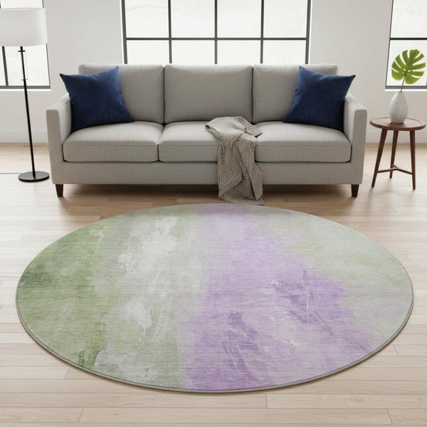 HomeRoots 8' Stylish Artichoke Green & Lavender Abstract Washable Round Rug with UV Protection & Durability 705518