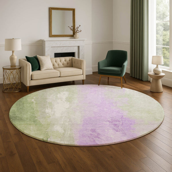 HomeRoots 8' Stylish Artichoke Green & Lavender Abstract Washable Round Rug with UV Protection & Durability 705518