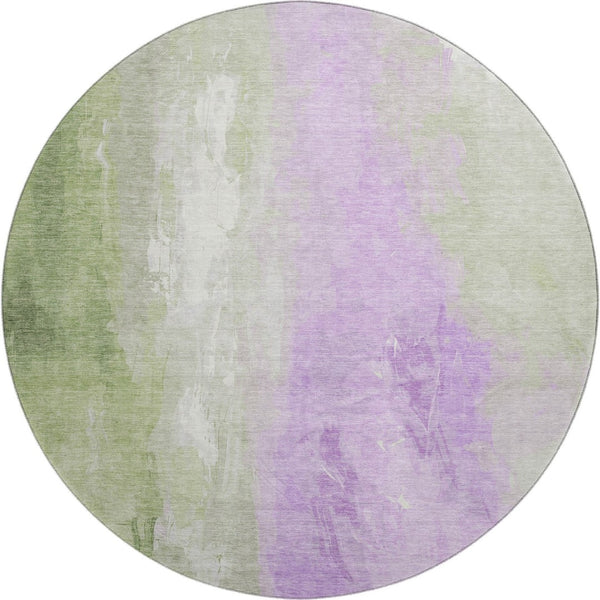 HomeRoots 8' Stylish Artichoke Green & Lavender Abstract Washable Round Rug with UV Protection & Durability 705518