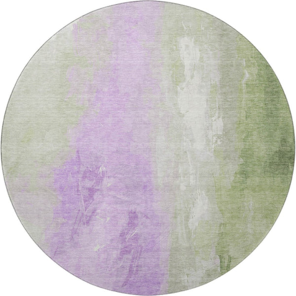 HomeRoots 8' Stylish Artichoke Green & Lavender Abstract Washable Round Rug with UV Protection & Durability 705518