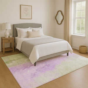 HomeRoots 8' X 10' Abstract Artichoke Green & Lavender Washable Area Rug with UV Protection for Modern Homes 705519