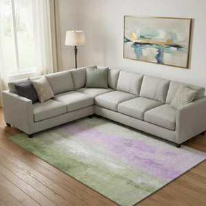 HomeRoots 9' X 12' Stylish Artichoke Green & Lavender Abstract Rug - Washable, UV-Protected for Busy Homes 705520