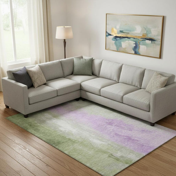 HomeRoots 9' X 12' Stylish Artichoke Green & Lavender Abstract Rug - Washable, UV-Protected for Busy Homes 705520