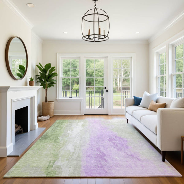 HomeRoots 9' X 12' Stylish Artichoke Green & Lavender Abstract Rug - Washable, UV-Protected for Busy Homes 705520
