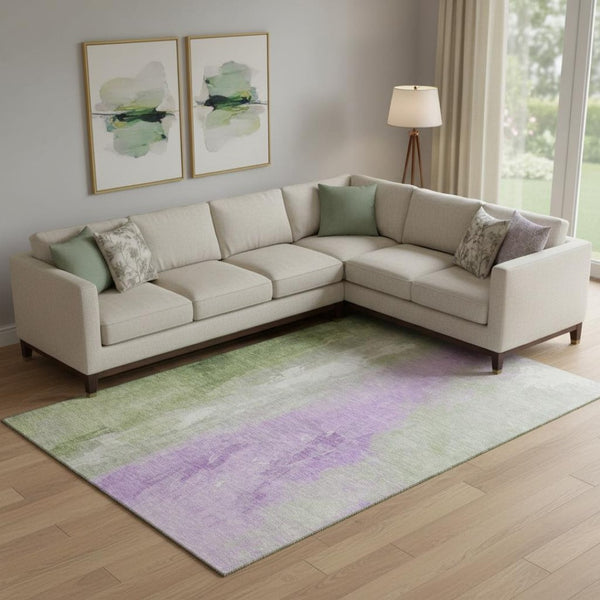 HomeRoots 10' Artichoke Green & Lavender Abstract Washable Area Rug - UV Protected, Stain Resistant, Durable Design 705521