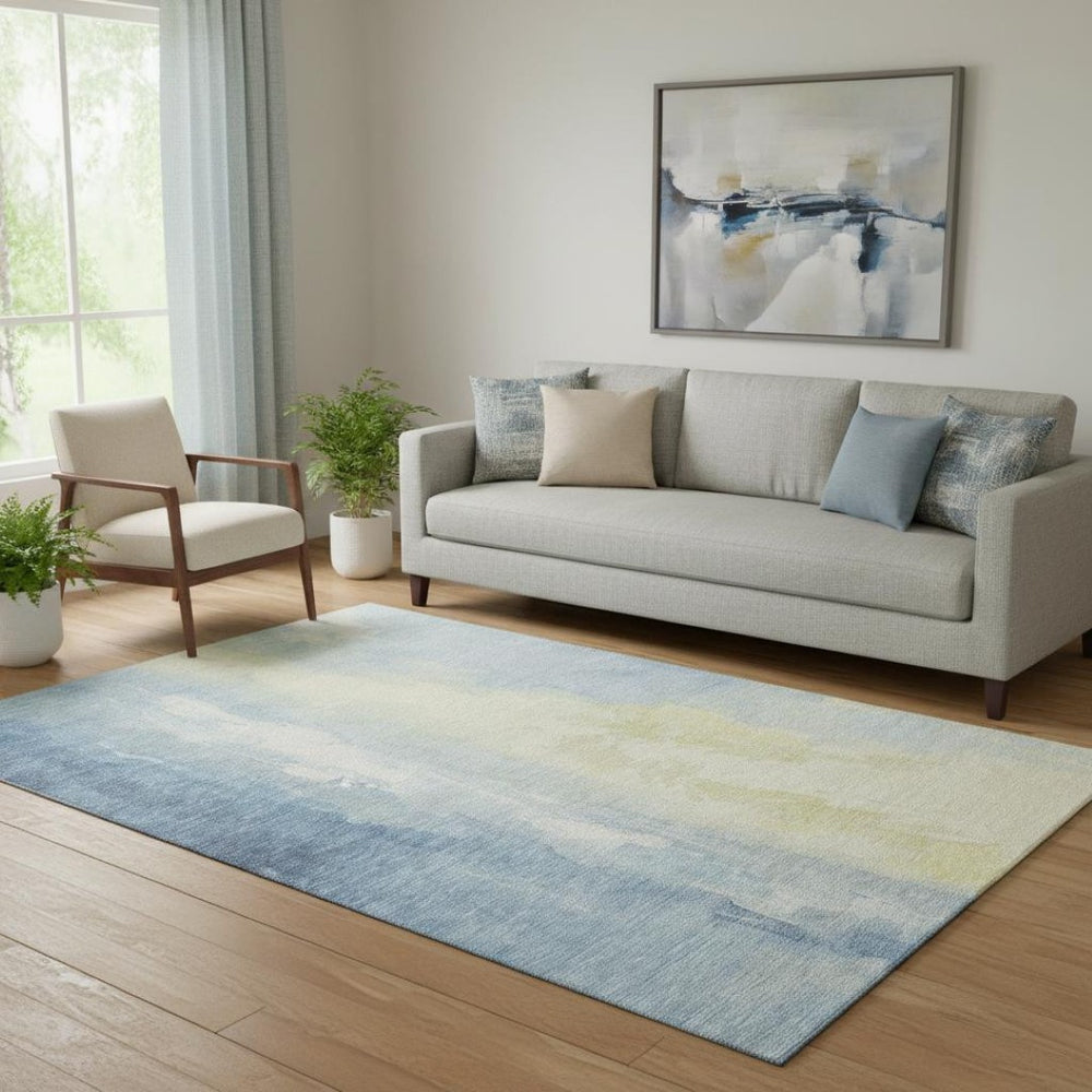 HomeRoots 5' X 8' Denim Blue & Beige Abstract Washable Area Rug with UV Protection for Modern Homes 705523
