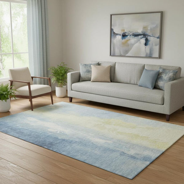 HomeRoots 5' X 8' Denim Blue & Beige Abstract Washable Area Rug with UV Protection for Modern Homes 705523