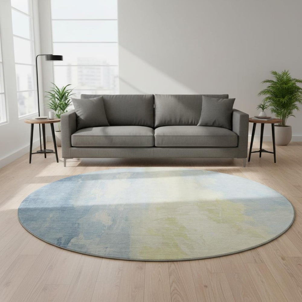 HomeRoots 8' Denim Blue and Beige Abstract Round Rug - Washable, UV-Protected, Stain-Resistant Home Decor 705524