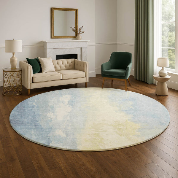 HomeRoots 8' Denim Blue and Beige Abstract Round Rug - Washable, UV-Protected, Stain-Resistant Home Decor 705524