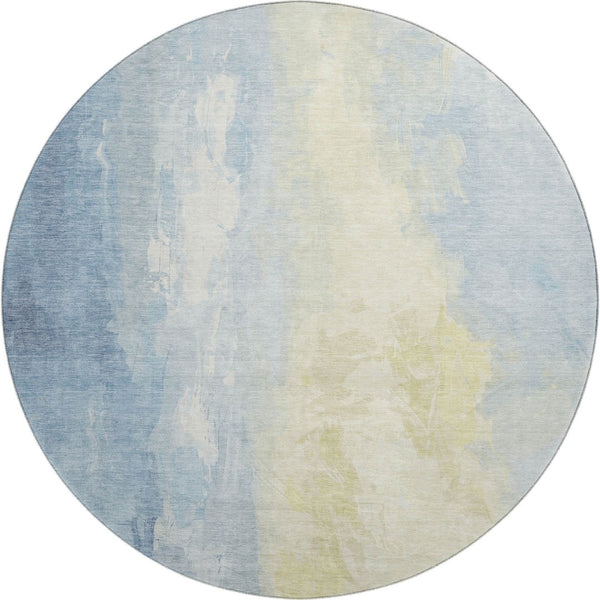 HomeRoots 8' Denim Blue and Beige Abstract Round Rug - Washable, UV-Protected, Stain-Resistant Home Decor 705524