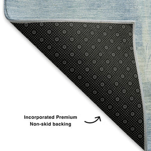 HomeRoots 8' Denim Blue and Beige Abstract Round Rug - Washable, UV-Protected, Stain-Resistant Home Decor 705524