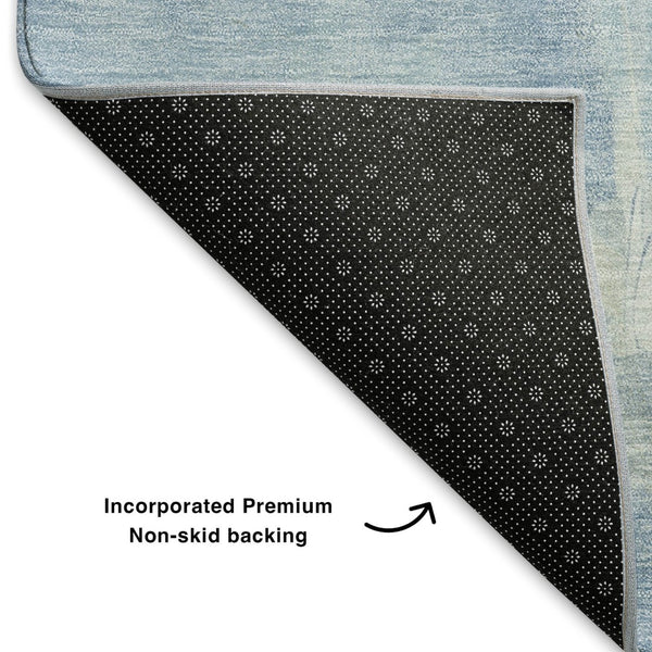 HomeRoots 8' Denim Blue and Beige Abstract Round Rug - Washable, UV-Protected, Stain-Resistant Home Decor 705524