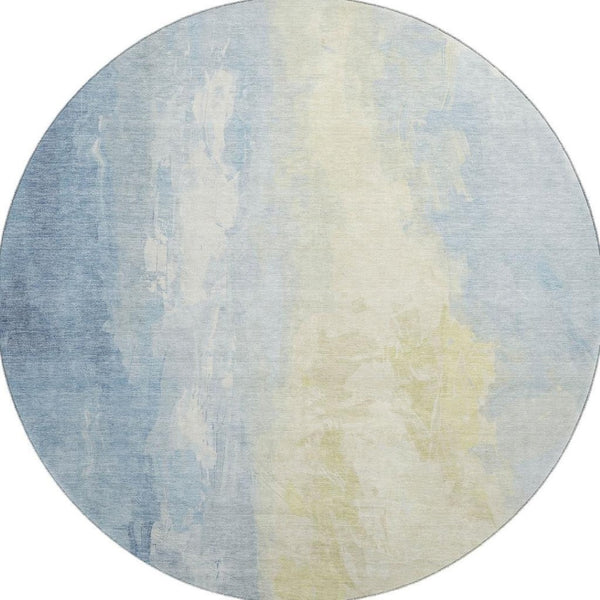HomeRoots 8' Denim Blue and Beige Abstract Round Rug - Washable, UV-Protected, Stain-Resistant Home Decor 705524