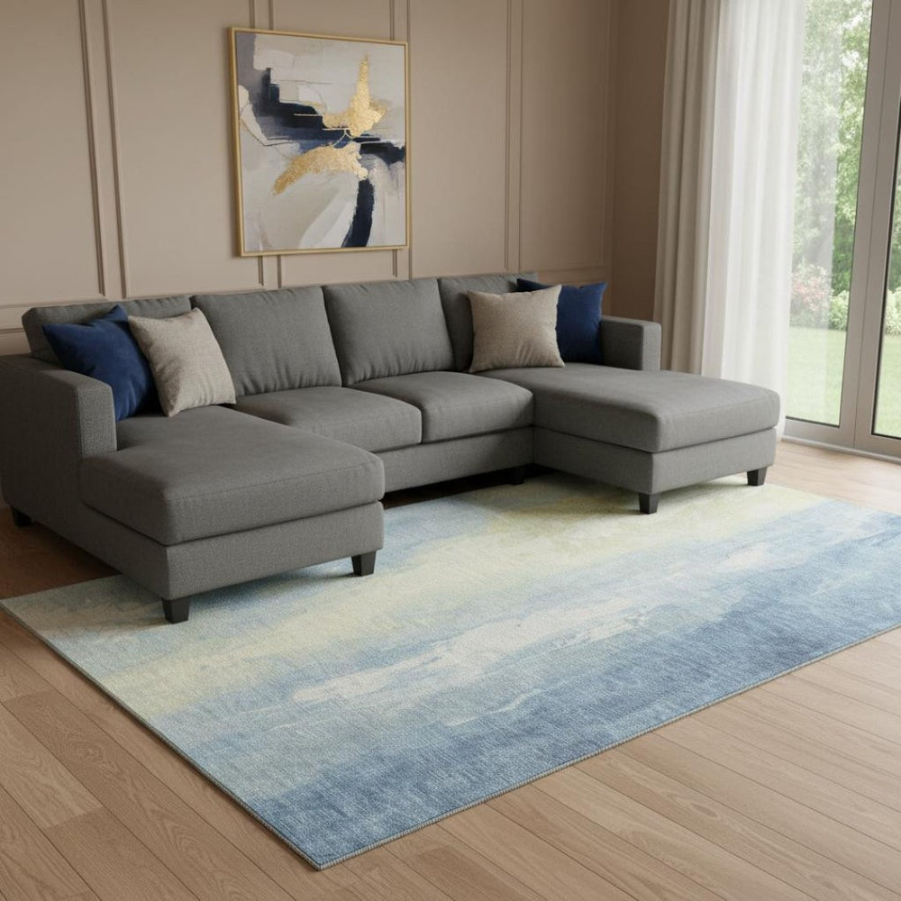 HomeRoots 8' X 10' Denim Blue & Beige Abstract Washable Area Rug - Stylish UV-Protected, Durable, Easy-Care Design 705525