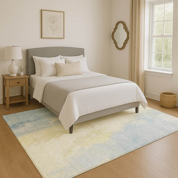 HomeRoots 9' X 12' Denim Blue & Beige Abstract Washable Area Rug with UV Protection for Modern Interiors 705526